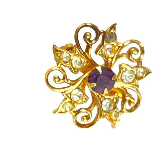Vintage Gold Tone Floral Brooch With Purple & Clear Rhinestones For Women - Picture 6 of 6